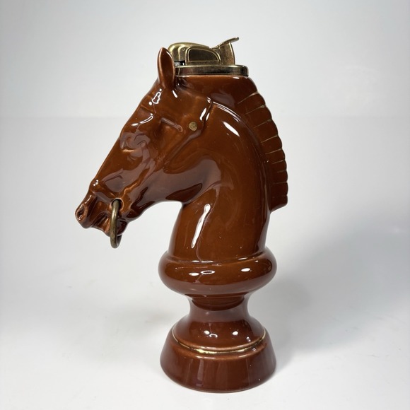 The Unbranded Brand Other - vtg glazed brown Gold  ceramic horse head chess table lighter Not Working